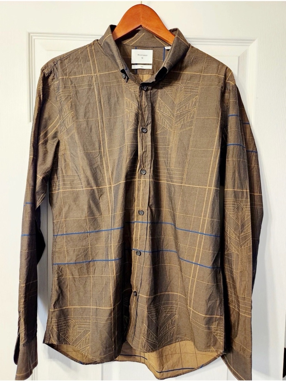 Billy Reid Brown Plaid Shirt with Blue Stripe